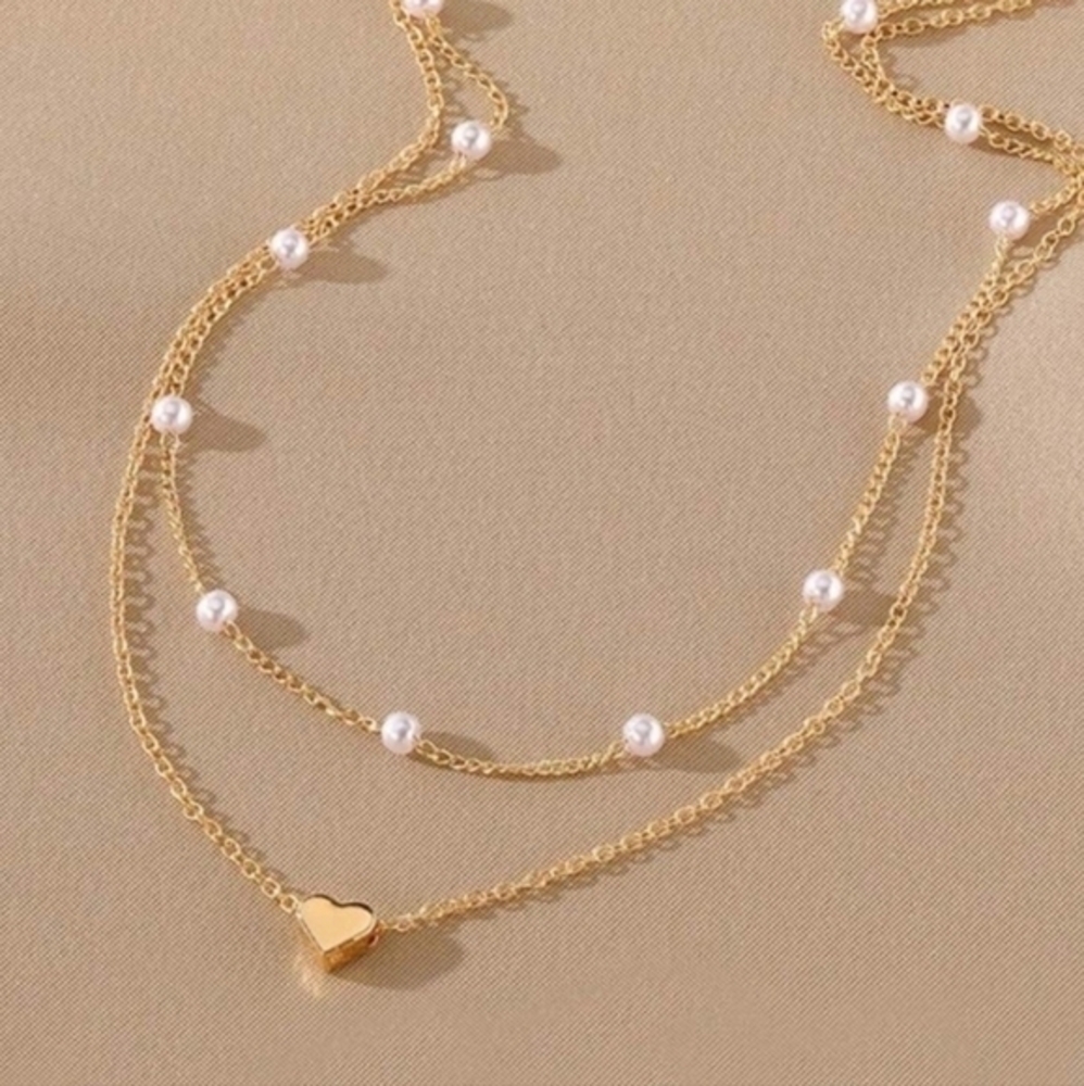 14K Gold Plated Layeredโ Heart Charm and Pearl Necklace